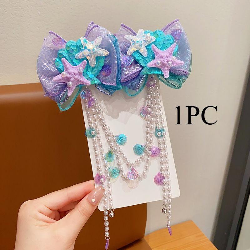 1/2PCS. Girls' Mermaid Hair Accessories: Dreamy Forehead Chains, Princess Tassel Clips & Shell Ear Cuffs,  Adorable  Ornaments