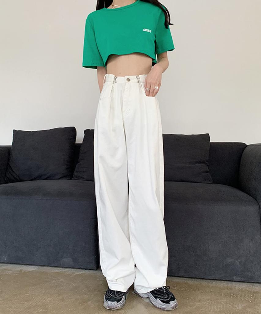 Aimoha Denim Pants with Waist Baggy Zip White Size White Women's High-Waisted Tucks, Silhouette, Fly, Denim, XL,