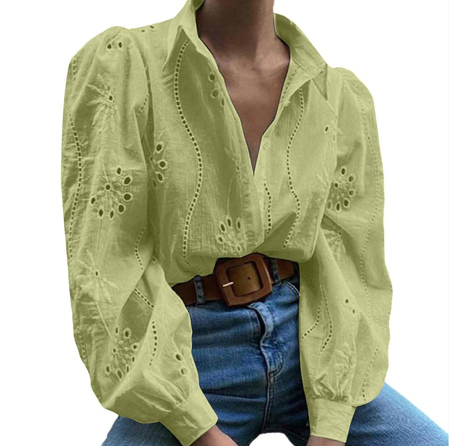 Women's Lace Trim Long Sleeve Button Down Shirt
