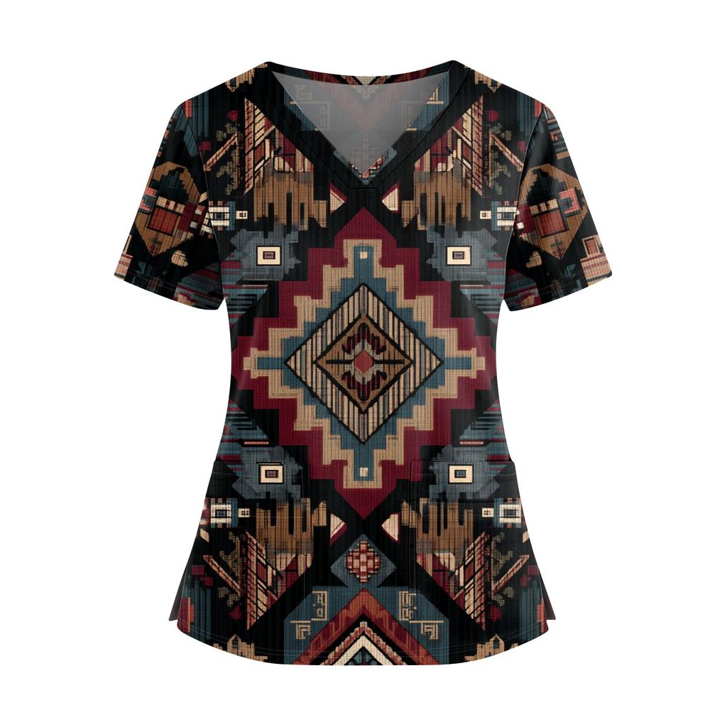 Ladies' Fashionable Floral Print V-neck Double Pocket Short Sleeved Shirt With Slit Hem And Protective Worker's Top