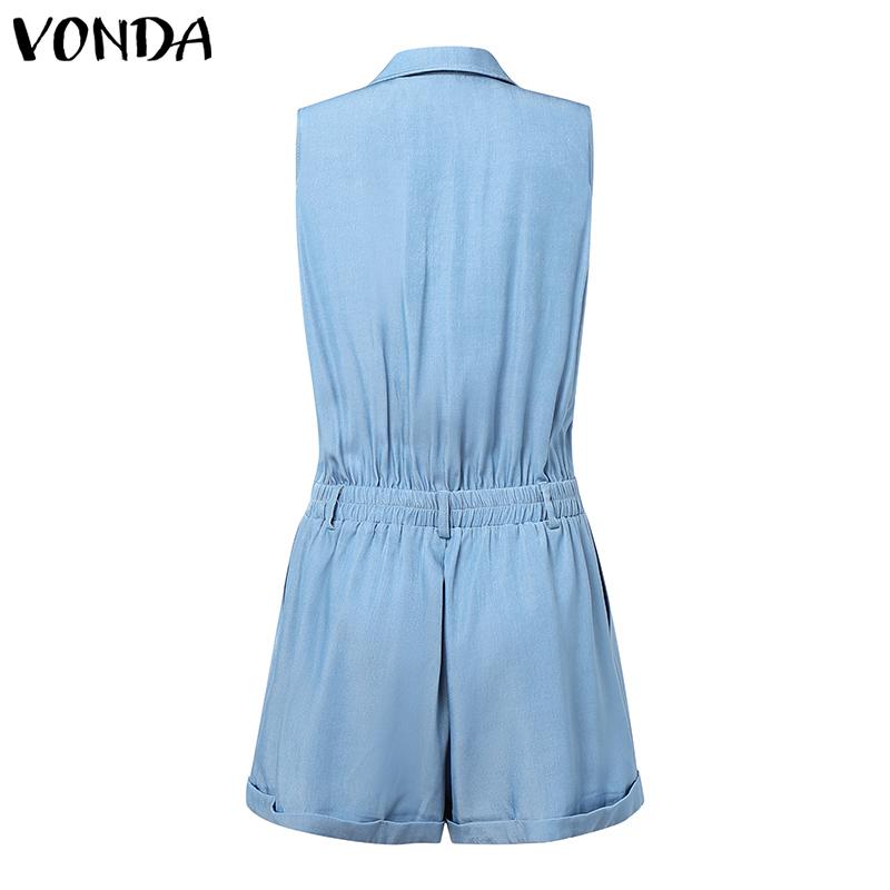 VONDA Women Summer Lapel Neck Sleeveless Buttons Elastic Waist Casual Jumpsuits Rompers