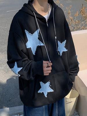 Men's Star Patch Zip Up Hoodie for Men Oversized Y2k Sweatshirt Jacket E-Girl 90s Pullover Streetwear