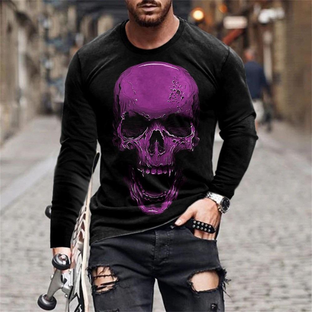 O-Neck Long Sleeve Plus Size T-shirt Men's Clothing Retro Men's Long Sleeve T-shirt 3D Printing Skull Long T-shirt Men's Street