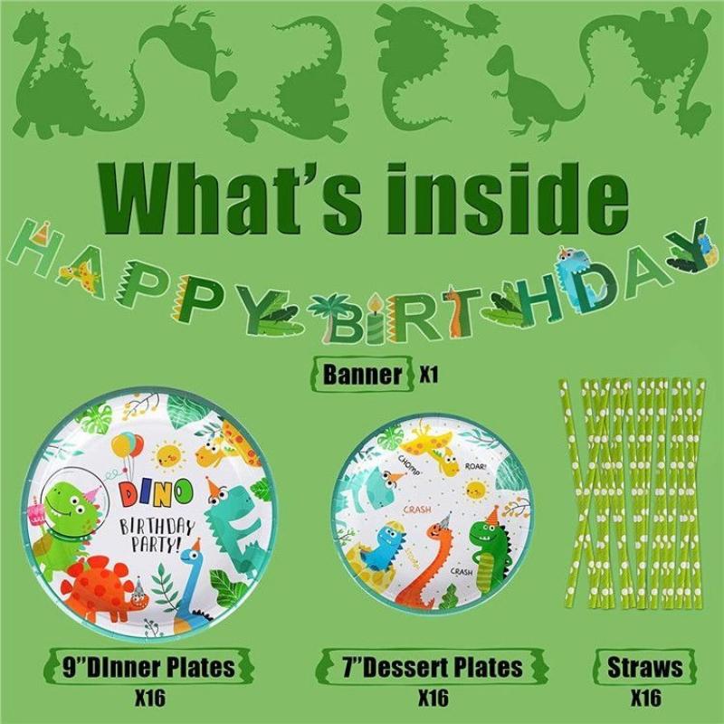 Green Dinosaur-themed Disposable Tableware Set for Children's Birthday Party Scene Decoration Supplies