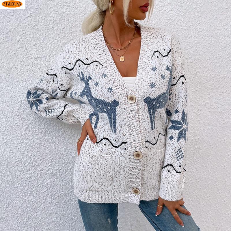 ZIMOXUAN Damen-Strickjacke mit weihnachtlichem Fawn-Motiv, einreihig, langärmelig
