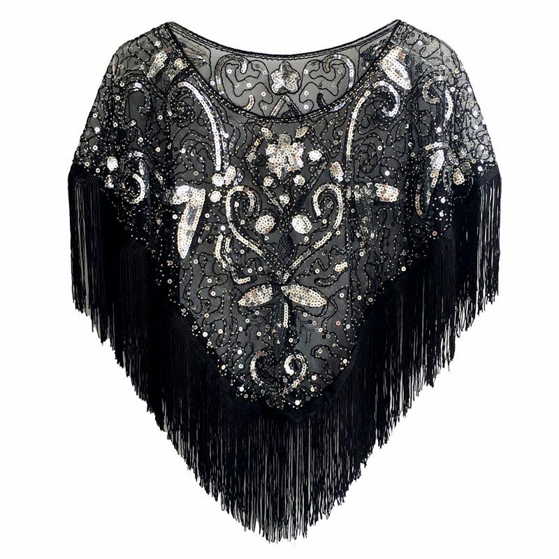 

Вечернее платье в стиле ретро 1920-х годов, европейское и американское, с пайетками и женской шалью One Size серебряный/чёрный