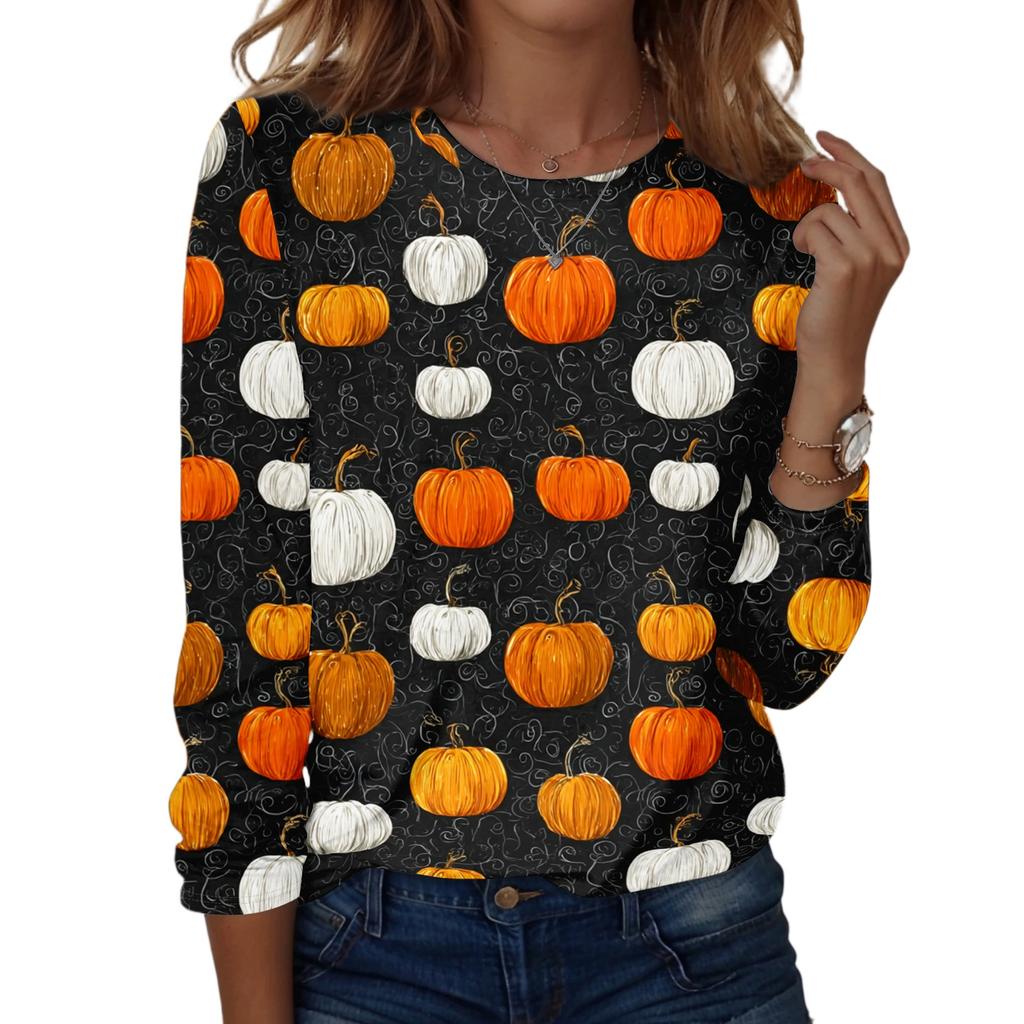 Women's Casual Long Sleeve Pullover Sweatshirt Halloween Pumpkin Print Round Neck Top Lightweight Comfortable Fit