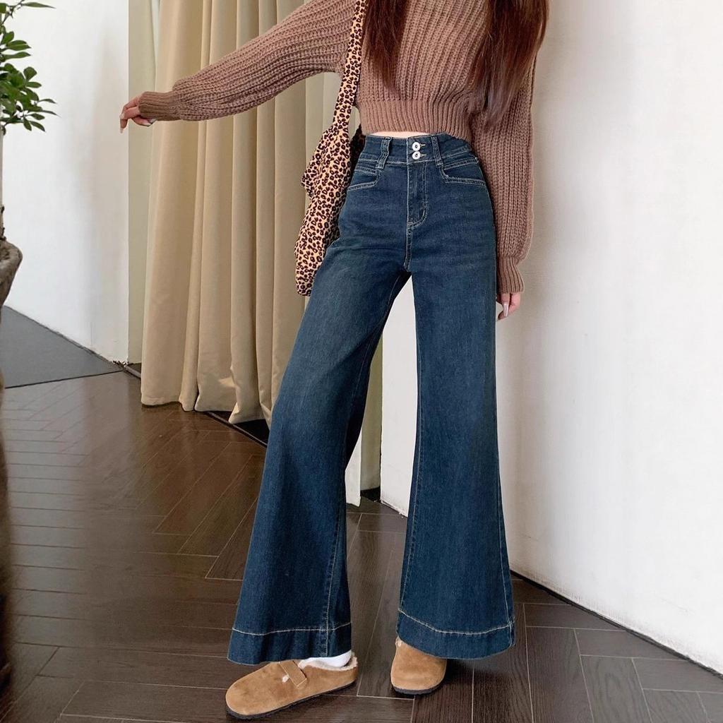 Women's High Waist Flared Jeans Casual Blue Denim Pants Vintage Streetwear Trousers