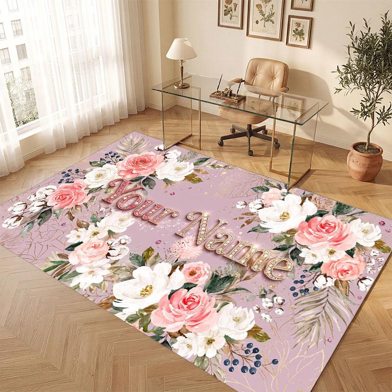 Floral Garden Theme Crystal Velvet Floor Rug Personalized Custom Name Text Warm Carpet Home Decoration