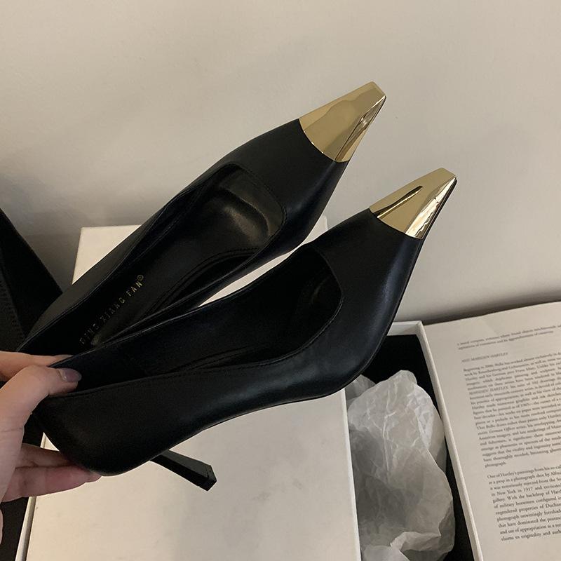2025 New European and American Fashion Pointed High Heels Metal Toe Head 7 Cm Royal Sister Style Temperament Single Shoes