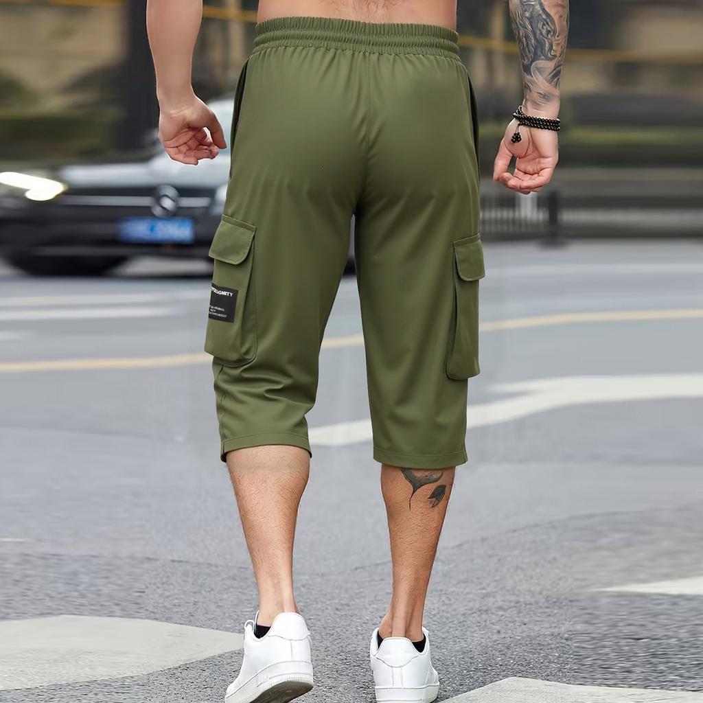 Pantaloni bărbătești cu lungime trei sferturi, cu șnur, talie elastică și buzunare