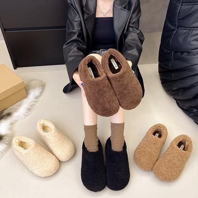 Hochwertige flauschige Herbst- und Winter-Oberbekleidung Samt-Baumwollschuhe 2025 neue einpedalige Lammwoll-Flachsohlen-Beanie-Schuhe