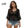 Blusa de Ganchillo Holgada para Mujer, Tops Redondos con Mangas Acampanadas de 3/4, Cubre Ropa Hueca de Manga Tres Cuartos, Tops de Punto con Protección Solar para Verano en la Playa