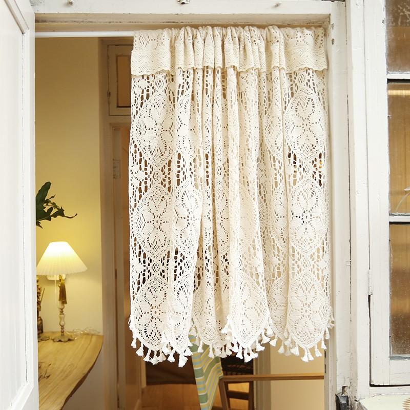 Hollow Crochet Half Curtain Head American Country Cupboard Porch Half Drape Curtain Rustic Floral Coffee Kitchen Short Curtain