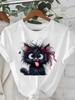 T Shirt Funny Vintage Black Sarcastic Cat with Red Bow Graphic Print Round Neck Summer T-shirt Girls Female