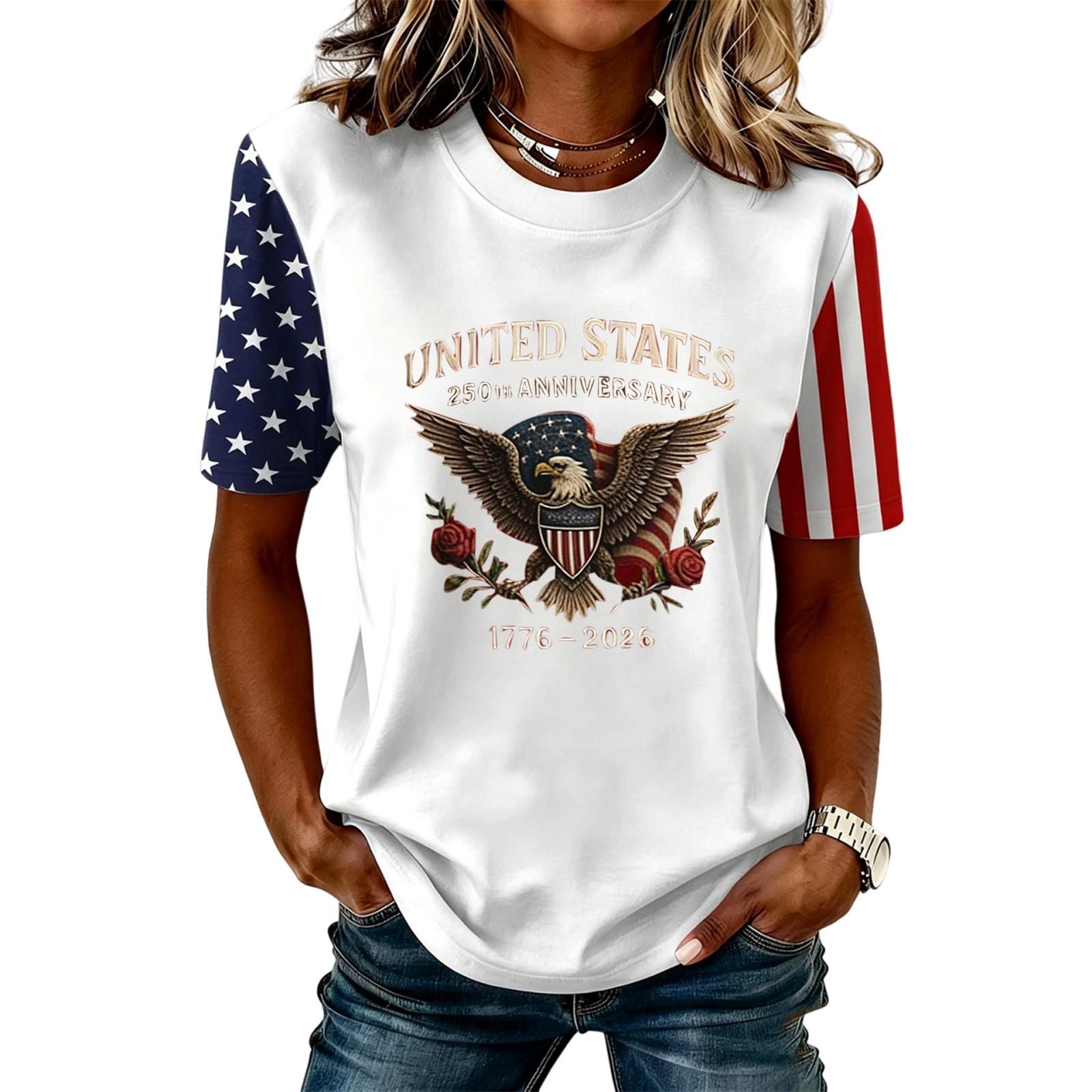 

Women s Casual Short Sleeve T-Shirt United States 250th Anniversary Graphic Tee Crew Neck Lightweight Soft Fabric Summer Top XXL білий