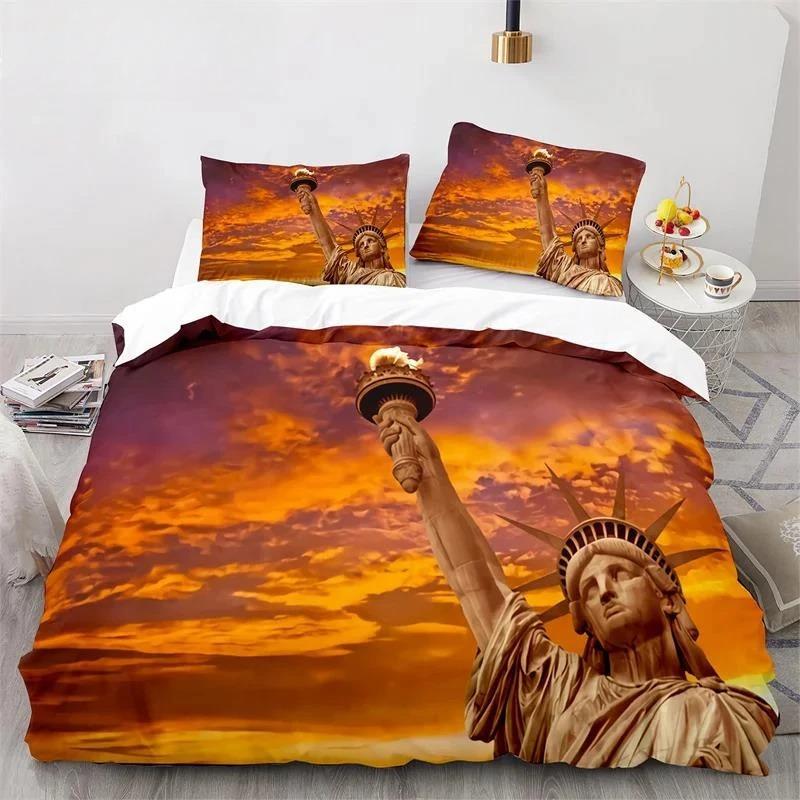 Statue Of Liberty Duvet Cover King Size Microfiber World Famous Building Bedding Set New York Landmark Cityscape Comforter Cover
