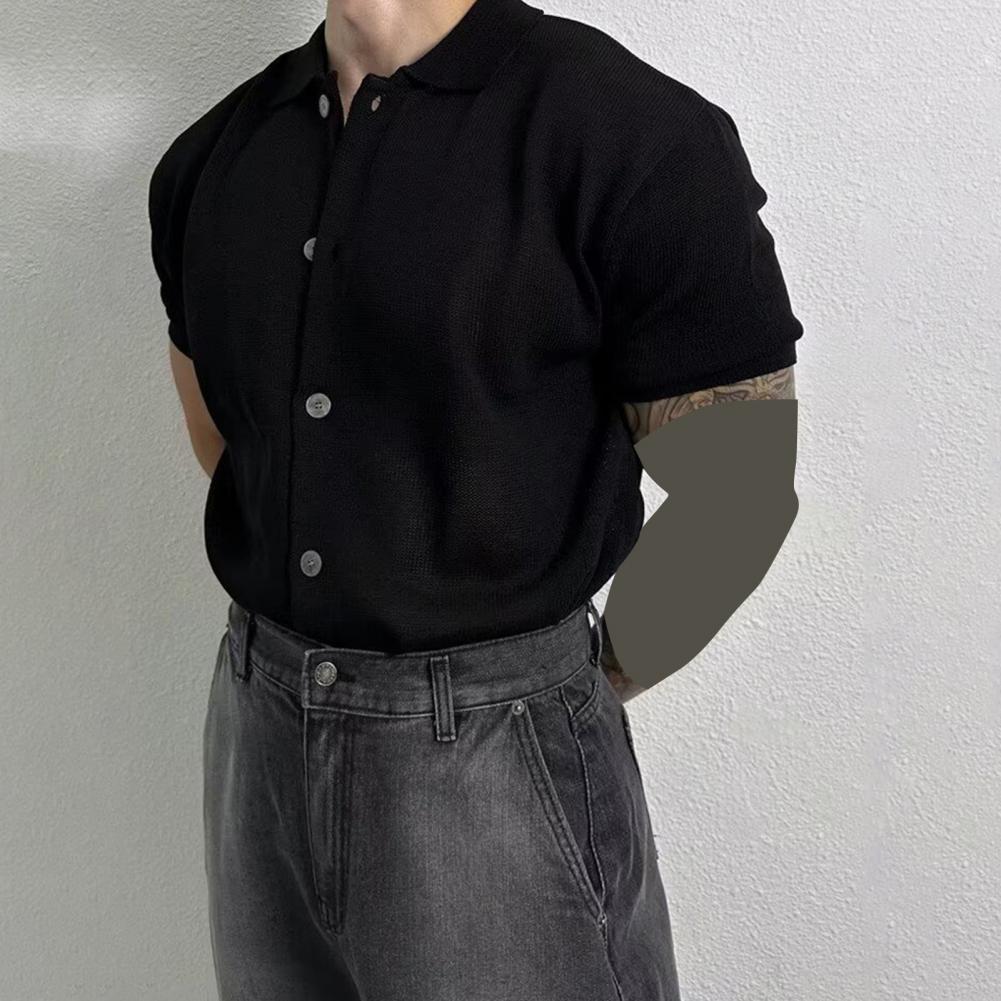 Camicia da uomo estiva a maglia a maniche corte con colletto rovesciato monopetto elasticizzata tinta unita cardigan ampio per uso quotidiano casual a