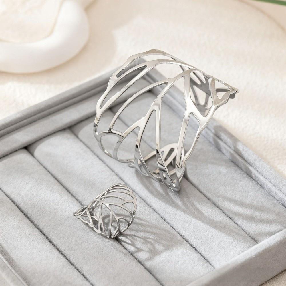 Stylish Open Bangle Ring Set Elegant Retro Jewelry Set New Hollow Leaf Bangle  Evening Wear