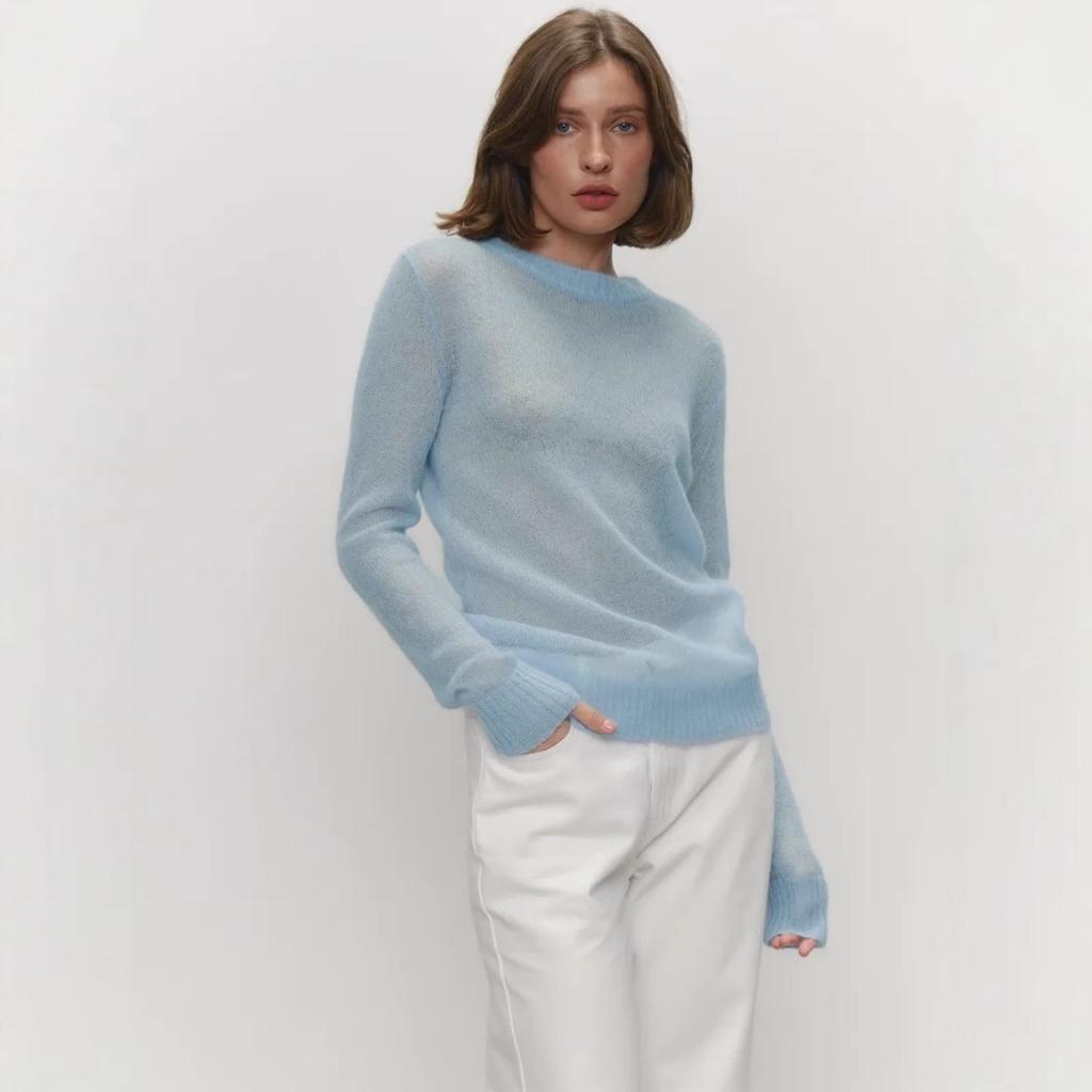Women's Mohair Round Neck Pullover Sweater Spring Summer Semi-sheer Comfortable Knit Base Top