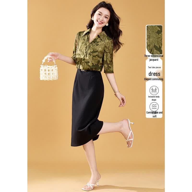 Women s Embroidered Lapel A-Line Dress L