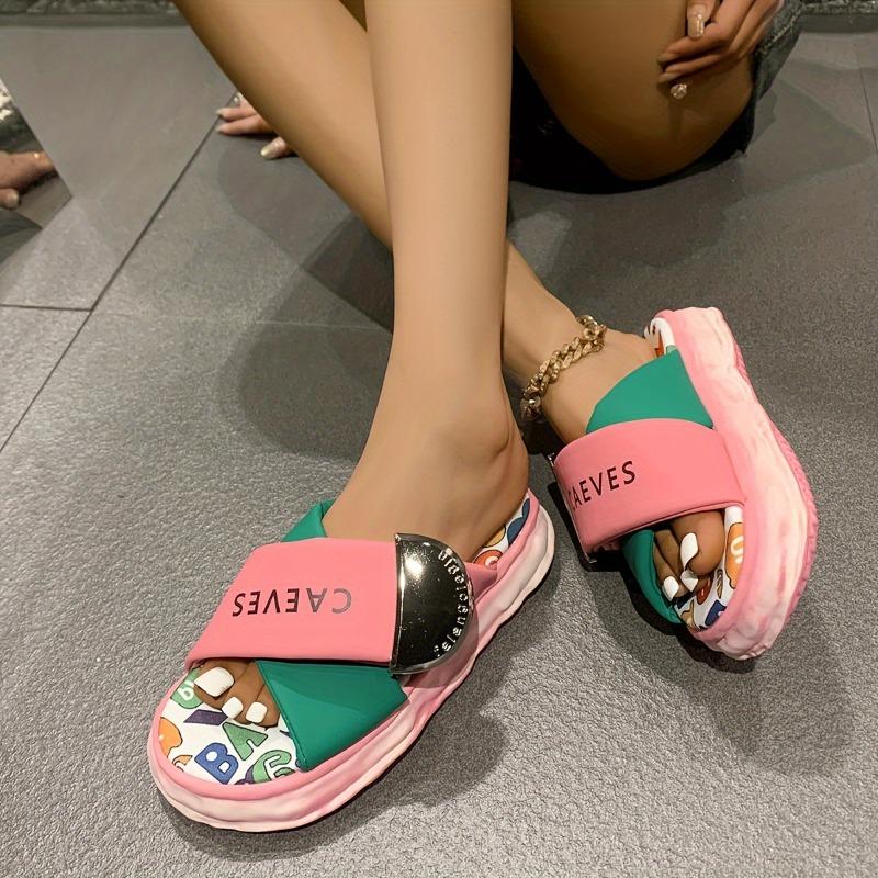Women's Cute Cartoon Platform Slide Sandals - Open Toe, Thick Sole, PU Cover, All-Season Fashion Shoes