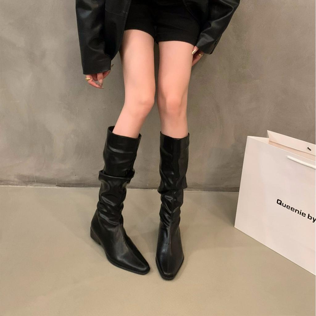 Thick heel pleated long tube knight boots women's shoes 2025 new spring and autumn western thin medium tube long boots