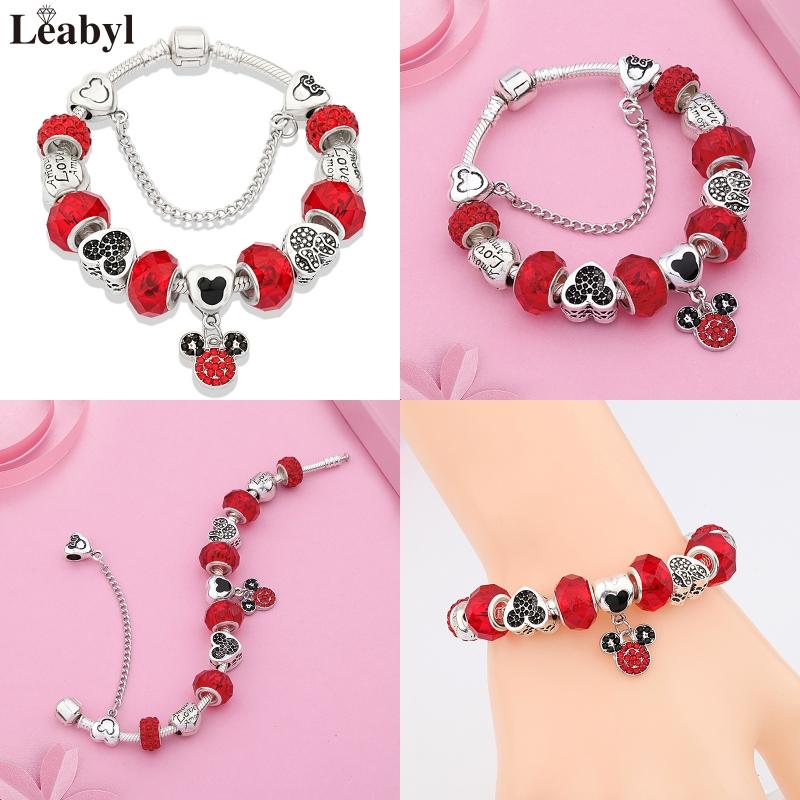 Potdemiel Pink Enamel Crystal Minnie Charm Bracelets Silver Color Heart Cartoon Bead Jewelry for Women Girl Gift