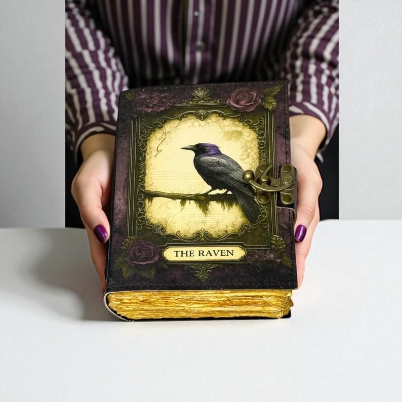 Handmade Leather Journal with Vintage Crow Art | 5x7 Inch Deckle Edge Paper Notebook | Gothic Raven Design | Gift for Writers & Artists