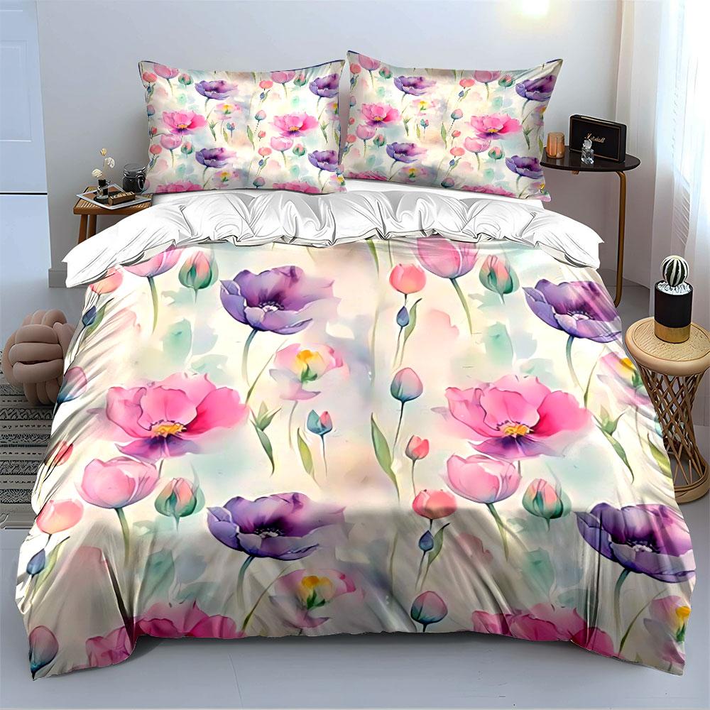 Watercolor Floral Pastel Pattern Bedding Duvet Cover Set Duvet Cover Pillowcases (1*Duvet Cover 2*Pillowcases, Without Duvet Insert)