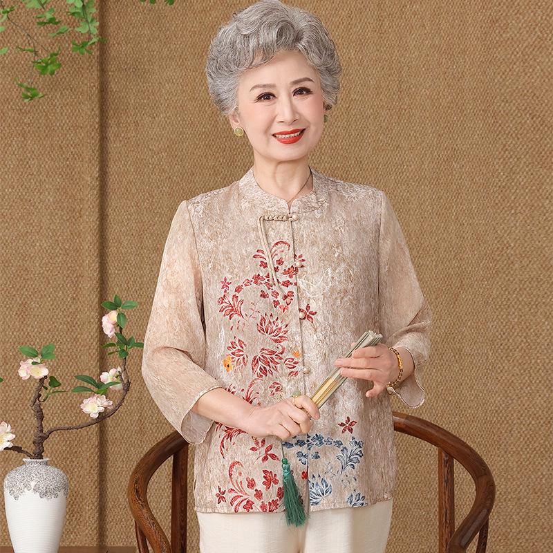 

Grandma s Summer Chiffon Top: Elegant 3/4 Sleeve for Middle-Aged & Elderly Women 2XL (115-125 jin)