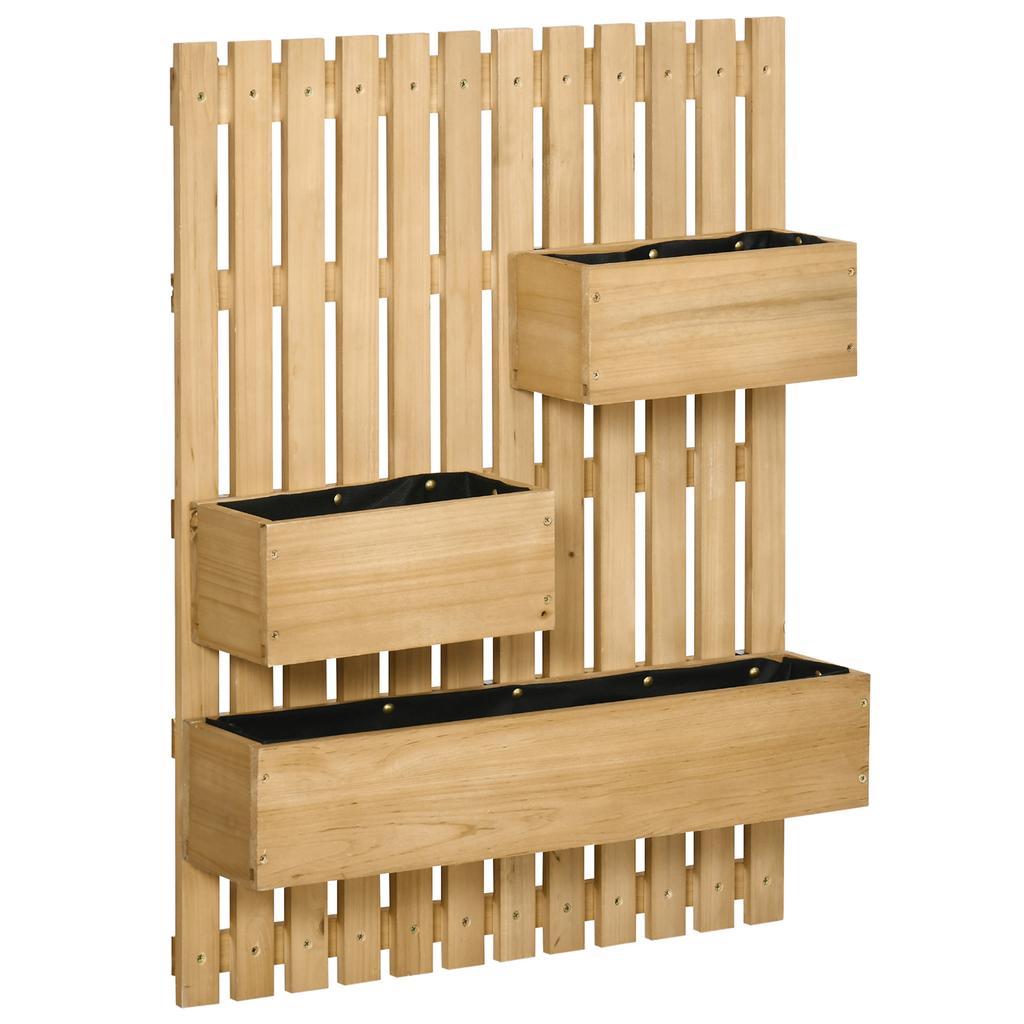 Wall-mounted Wooden Garden Planters with Trellis. Drainage Holes and 3 Planter Boxes for Patio. Natural