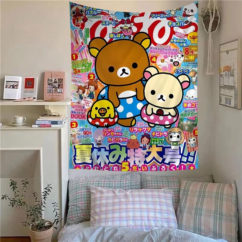 Rilakkuma Tapestry, Kawaii Bear Magazine Print Wall Cloth for Bedroom Dorm & Anime Room Background Decor