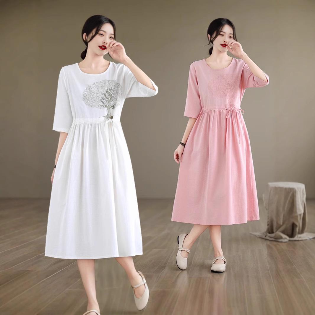 

2025 Women s Summer Cotton Linen Embroidered A-Line Dress with Round Neck XL розовый