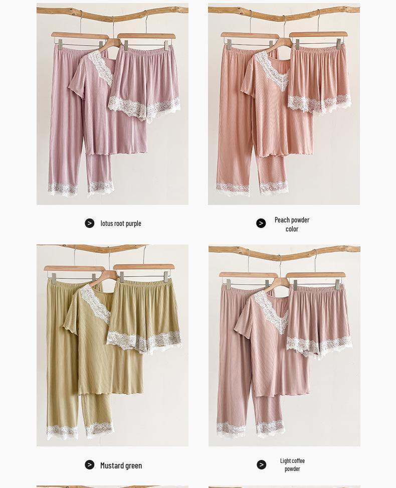 Women's Premium Three-Piece Pajama Set, Spring/Autumn, Outdoor-Ready, with Lace & Chest Pads, Comfortable Casual Home Wear