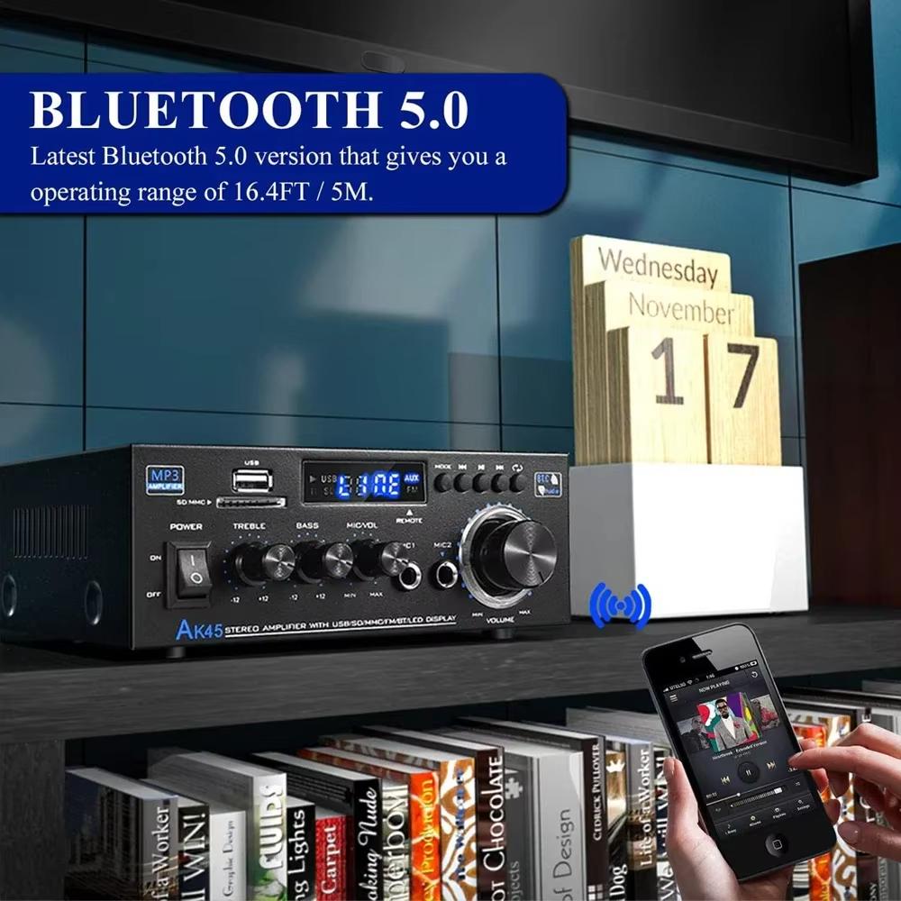 AK45 Zosilňovač výkonu HiFi Stereo zosilňovač Kanál 2.0 Maximálny výkon 90Wx2 Bluetooth Zosilňovač pre domáce kino Zosilňovač do auta De Audio