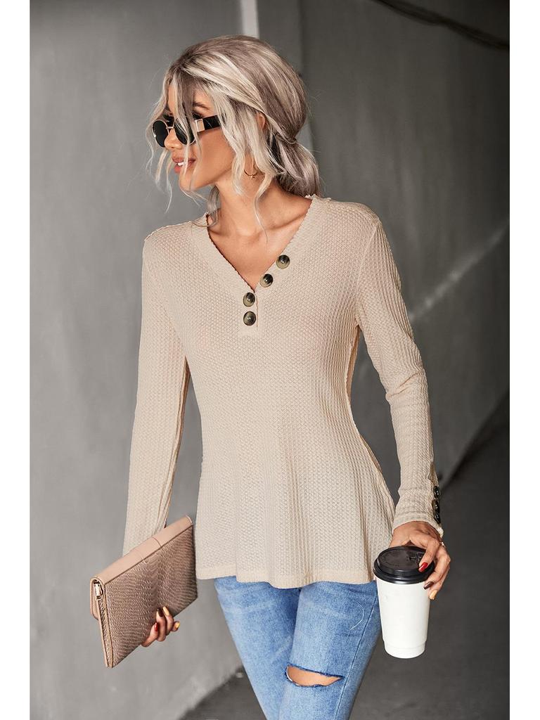 2024 Sonbahar Kadın Düz Renk Waffle Düğmeli Üst - Avrupa & Amerikan Stili