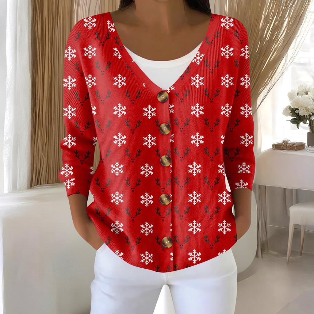 جاكيت كارديجان نسائي عصري بأكمام طويلة وطبعة رجل الثلج والثلج لعيد الميلاد