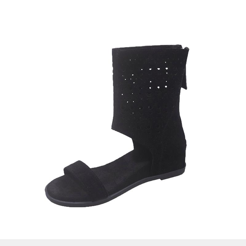 French Suede Open Toe Soft Sole Sandals Women's New Summer Round Toe Back Zipper with Skirt Versatile Flats