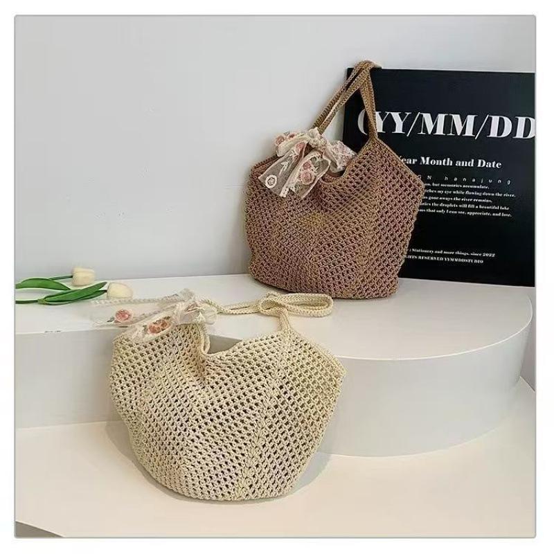 Women's Summer Large Capacity Cotton Underarm Tote - Hollow Weave Beach Bag