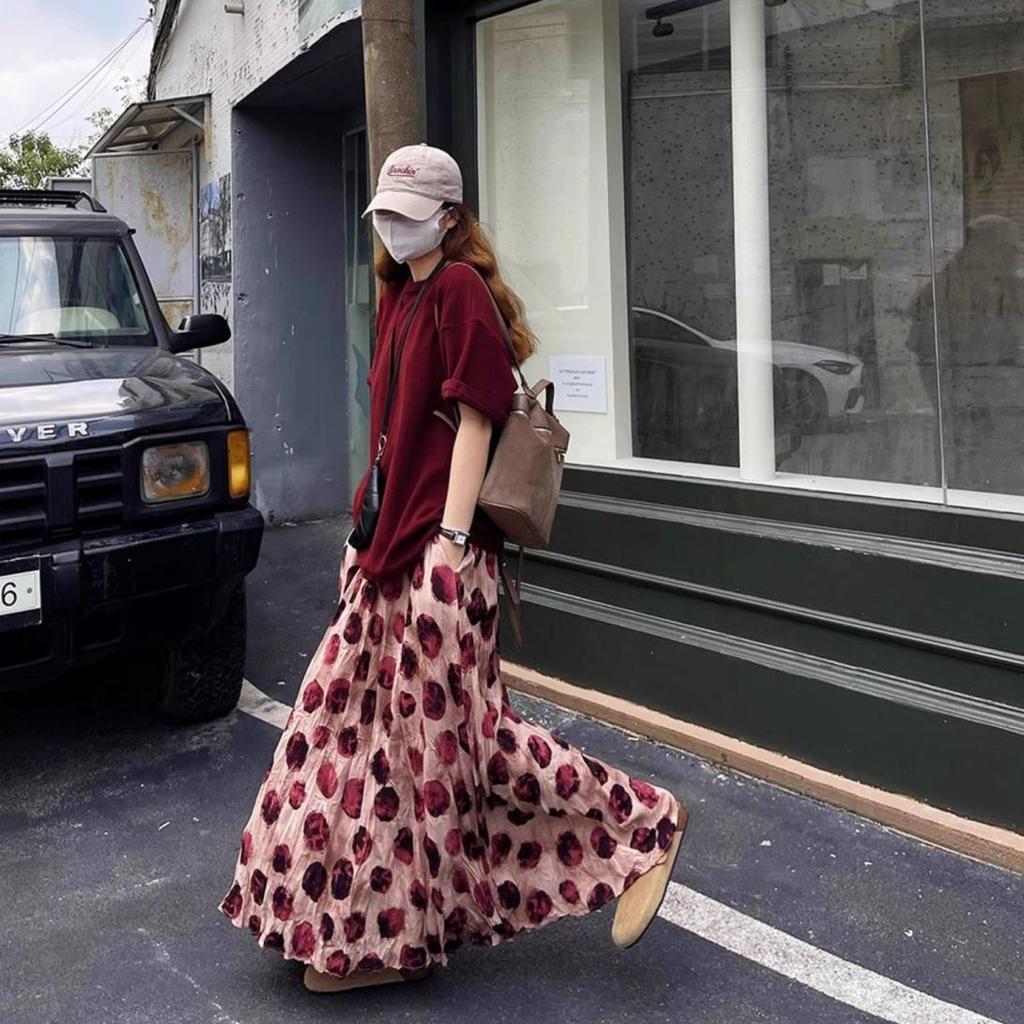 Falda Midi Estampada Retro para Mujer Cubre las Caderas para Mostrar un Temperamento Delgado Cintura Alta Lunares Verano Falda Larga para Mujer