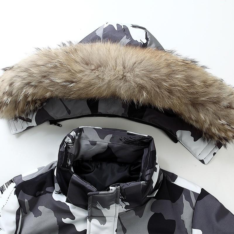 Mens Camo Solid Down Jacket Outdoor Winter Expedition Work Coat With Fur Collar Warm Loose Fit