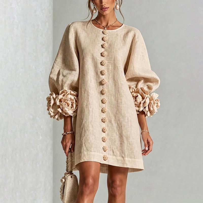 Autumn 3D Floral Long Sleeve Short Dress with Decorative Buttons