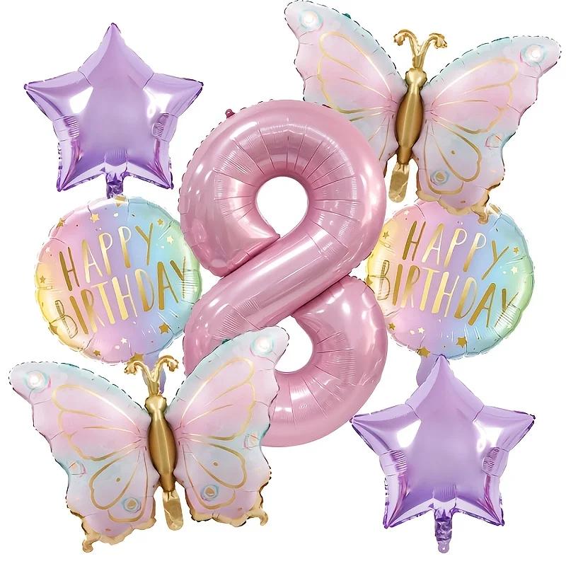 Pink digital butterfly aluminum foil balloons and purple star balloons are suitable for butterfly themed parties and birthday