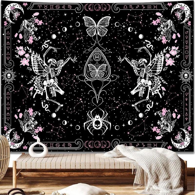 Pink Butterfly Skull Tapestry Moon Phase Mushroom Crystal Witchy Wall Hanging Dark Aesthetic Dorm Bedroom Home Decor