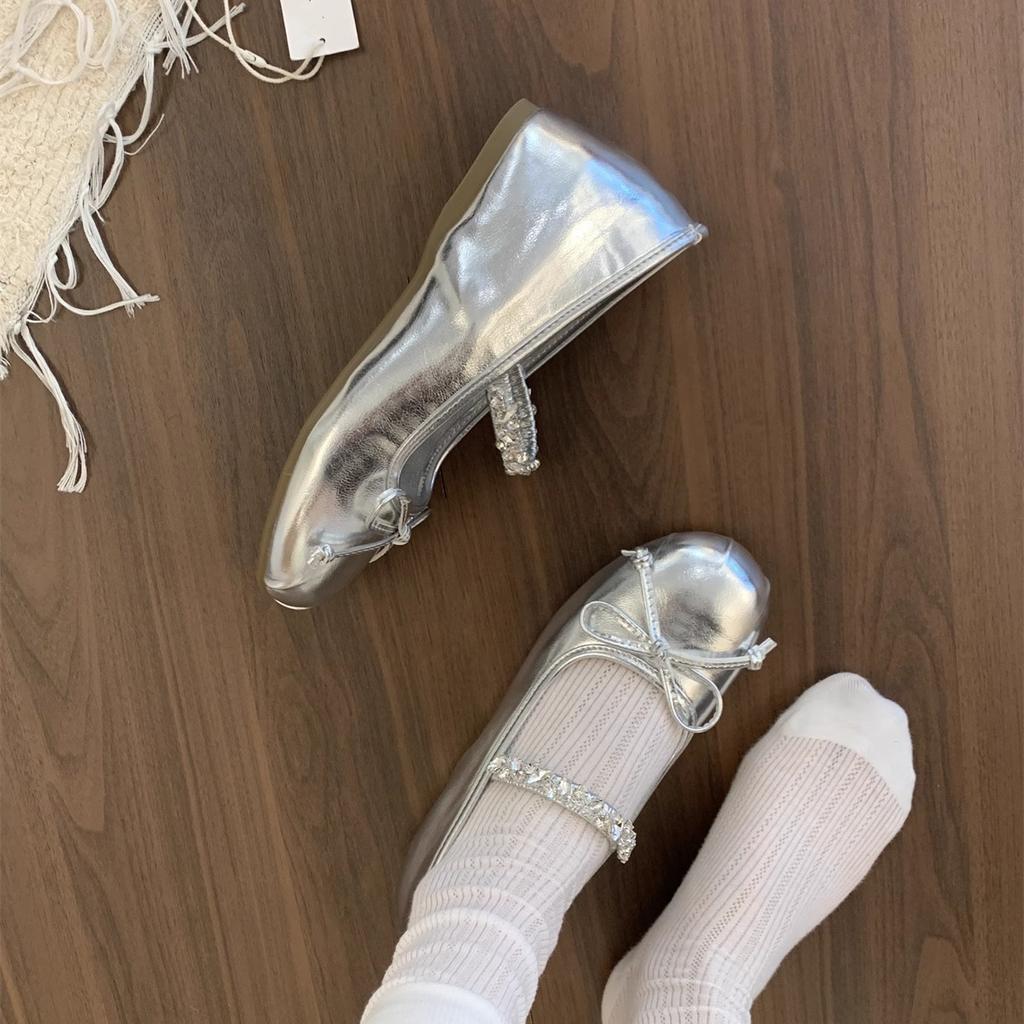 Inner Height Increase Small Satin Single Shoes Women's 2025 New Spring and Autumn French Retro Ballet Style Thick-soled Mary Jane Shoes