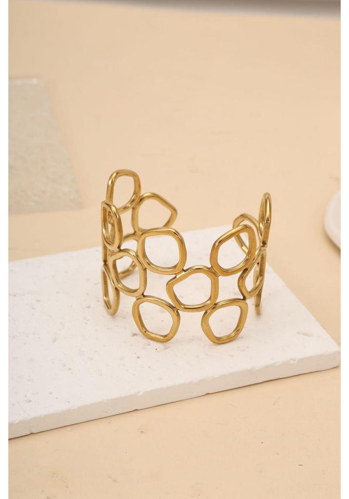 Gold Adjustable Wide Stainless Steel Open Cuff Bracelet for Women with European and American High-End Style