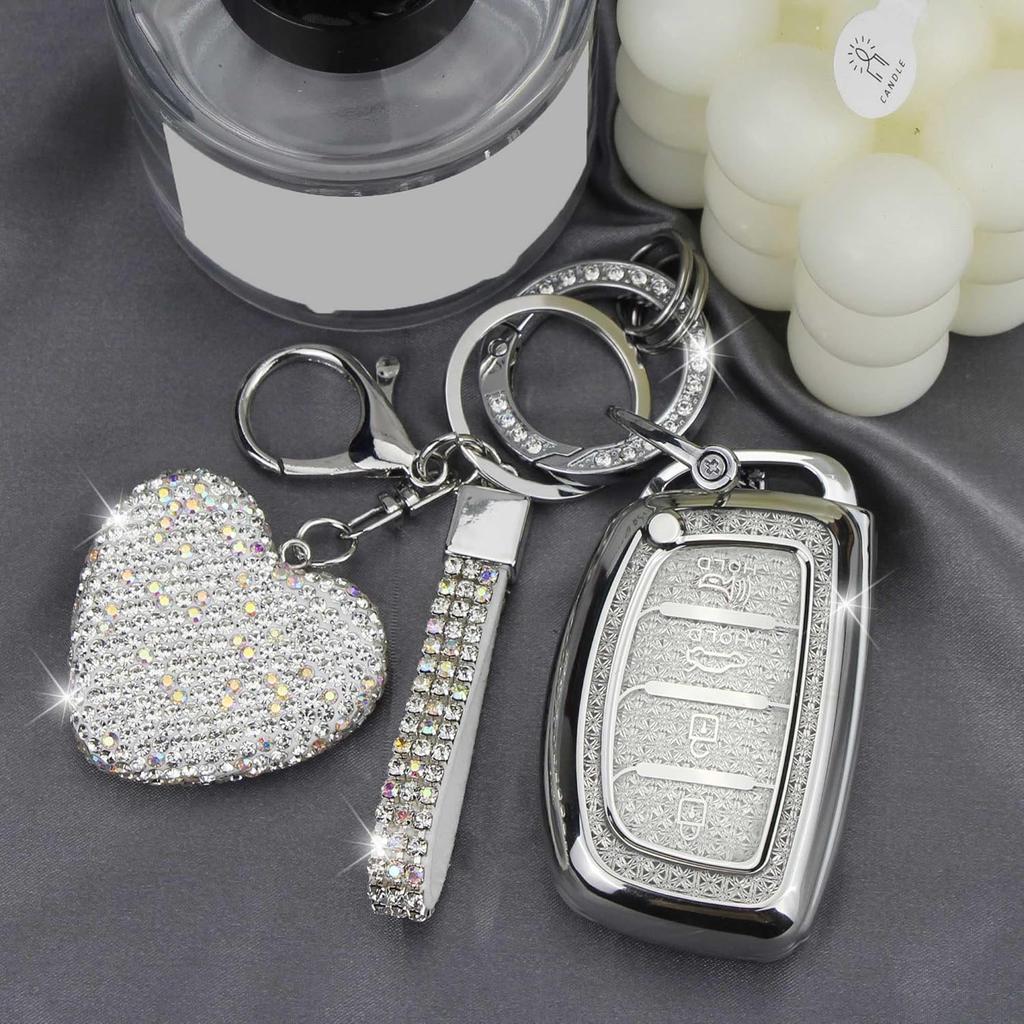 Key Fob Cover with Diamond Keychain Car Key Holder Case Compatible with Smart Remote Key Protector for Women, 4 Buttons (Silver-Heart)