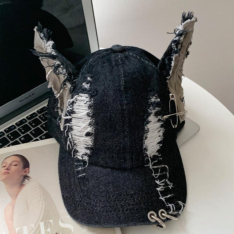 Y2k Wasteland Wind Three-dimensional Ears Denim Ripped Baseball Cap Women Personality Street Hip Hop Old Cap Tide
