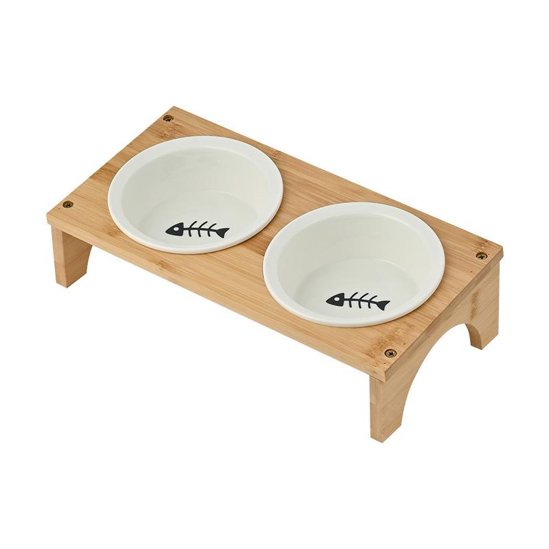 Tilted Pet Bowl with Wooden Stand, Neck Protection Anti-tipping Cat Food Water Bowl, Ceramic & Stainless Steel Feeder Wood Stand + Ceramic Bowl (Fish Bone Design)